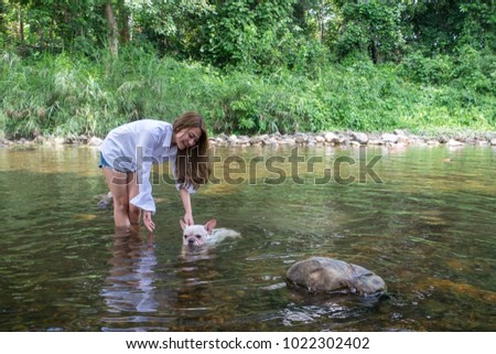 Life style of A happy Asian woman travel with her dog on her free time. camping travel and hang out with your pet. Dog swimming and playing with a girl at small river