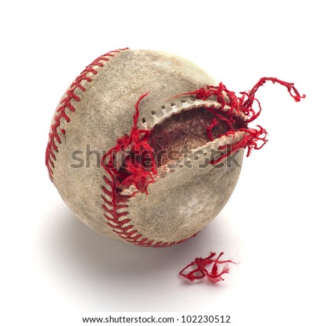 Authentic used baseball, isolated on white background, ripped and torn stages (stage #2)