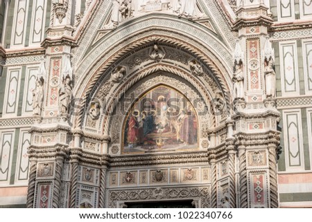 Detail of Florence Cathedral of Saint Mary of Flower, Florence Duomo (Duomo di Firenze) and Giotto s Campanile of Florence Cathedral in Florence, Italy.