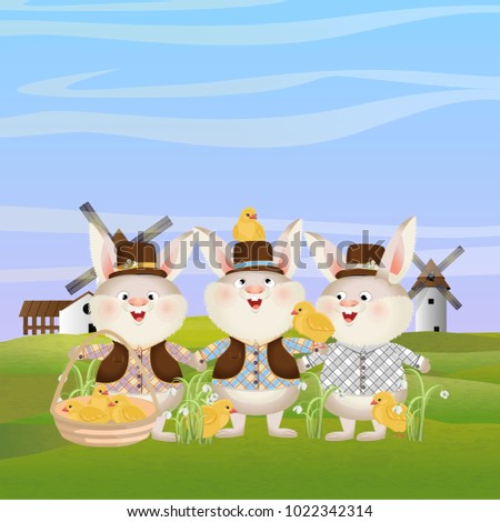 Group of rabbit in a hat and suit and small yellow chicks. Green field with windmills, sky and clouds. Easter. Vector character and landscape.