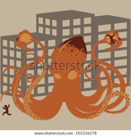 Vector Giant Squid Rampaging Through a Populated City (Orange)