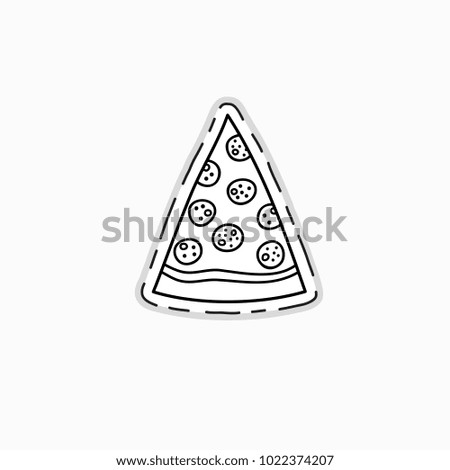 Hand drawn uncolored sticker of pizza slice isolated on white background.