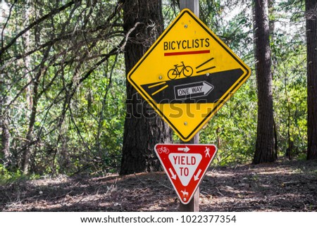 Signs depicting the rules to be followed by cyclists and other trail users, San Francisco bay area, California