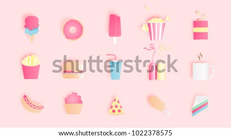 Various junk food in paper art style with pastel scheme vector illustration