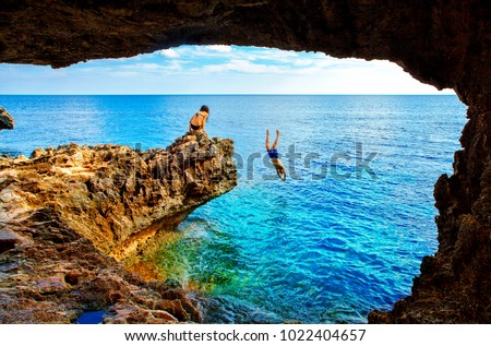 Sea cave near Cape Greko of Ayia Napa and Protaras on Cyprus island, Mediterranean Sea. Royalty-Free Stock Photo #1022404657