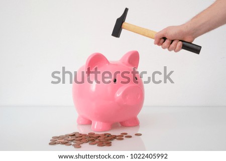 Hammer about to smash a piggy bank isolated on white background