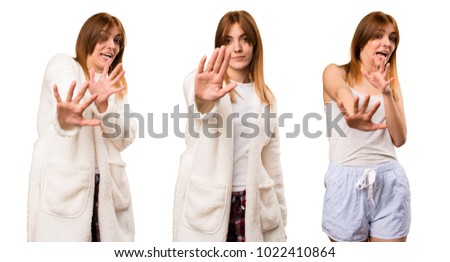 Set of Young woman in dressing gown making stop sign