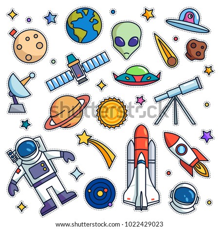 Vintage 80s-90s Space Theme Fashion Cartoon Illustration Set Suitable for Badges, Pins, Sticker, Patches, Fabric, Denim, Embroidery and Other Fashion Related Purpose
