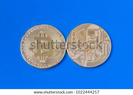 Bitcoins and New Virtual money concept..Golden coin with icon letter B.Mining or blockchain technology