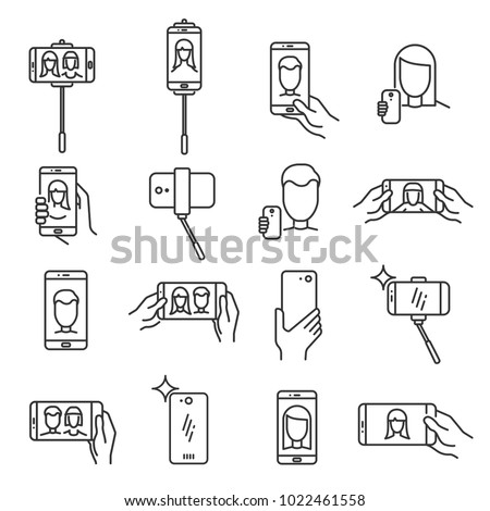 Selfie line icon. Photograph taken of oneself, with a smartphone or webcam, digital camera to share via social media. Vector line art selfie illustration isolated on white background Royalty-Free Stock Photo #1022461558