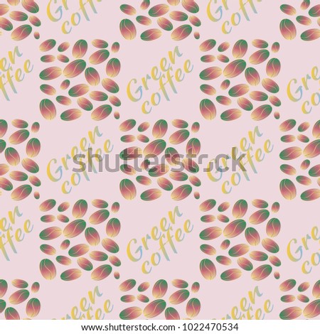 Green coffee bean seamless pattern background. Illustration with text.
