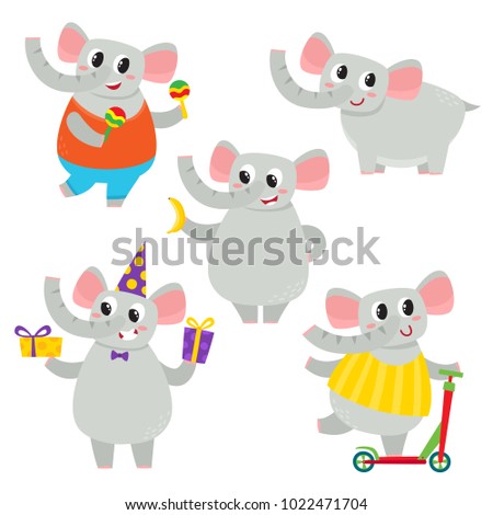 Vector set of cartoon funny elephant isolated on white background. Cute, funny animal, elephant character doing various actions used for magazine, book, poster, card, web pages.