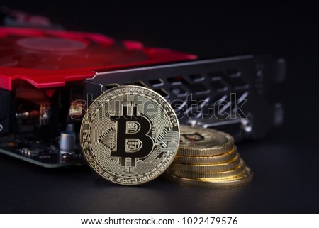 cryptocurrency mining concept with golden bitcoin coins next to a computer performant video card black background Royalty-Free Stock Photo #1022479576