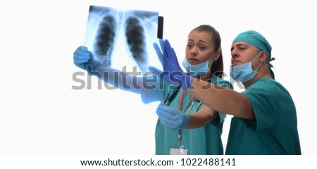 Radiologists checking xray isolated on white background