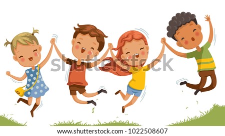 Boys and girls are playing together happily. Kids Play at the grass. Children Holding hands and jumping , Running a meadow. The concept is fun and vibrant moments of childhood. Vector illustrations. 
