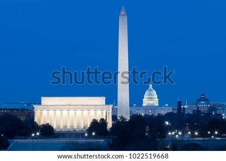 Washington DC monuments at dusk, Lincoln Memorial, Washington Monument, The Capitol Building