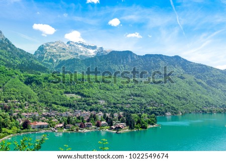 Panoramic view of Lake Annecy with beautiful mountains on the background, France
