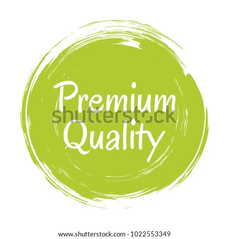 Premium quality products icon, goods package label vector design. High quality goods, food or clothing logo, premium class products sign, green round stamp clip art, circle tag label, sticker, emblem.