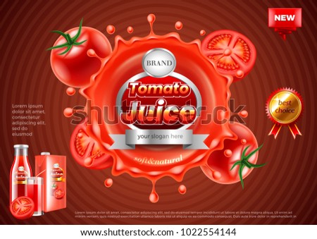 Tomato juice ads. Splashes on dark background. 3d illustration and packaging
