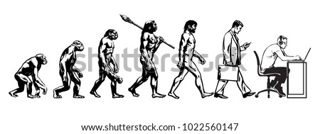 Theory of evolution of man. Human development. From monkey to caveman and modern businessmen talking on mobile phone and programmer sitting at computer. Hand drawn sketch vector illustration isolated.