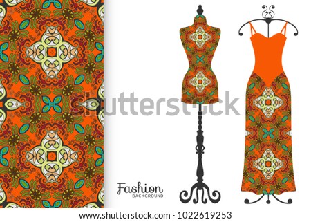 Fashion art collection, vector illustration. Vintage tailor's dummy, dress model and colorful seamless pattern for textile fabric, paper print, invitation or business card design. Isolated elements