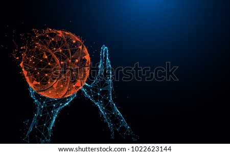 Abstract basketball player hands shooting basketball form lines and triangles, point connecting network on blue background. Illustration vector Royalty-Free Stock Photo #1022623144