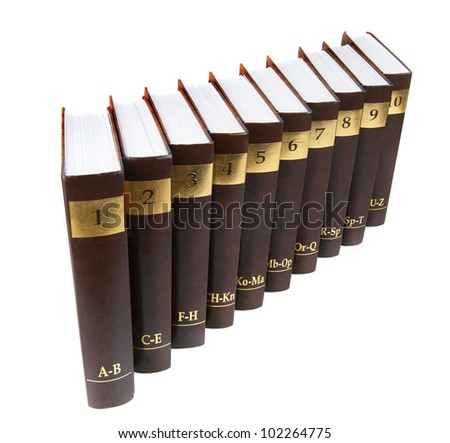 Encyclopedia set - 10 heavy book tomes isolated Royalty-Free Stock Photo #102264775