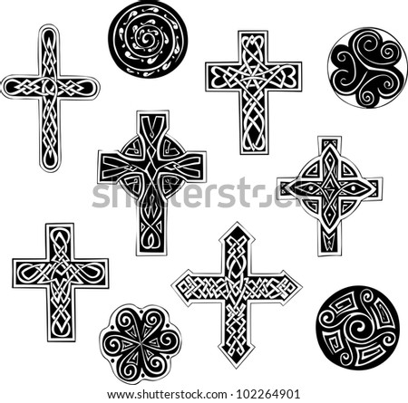 Celtic knot crosses and spirals. Set of black and white vector illustrations. Royalty-Free Stock Photo #102264901