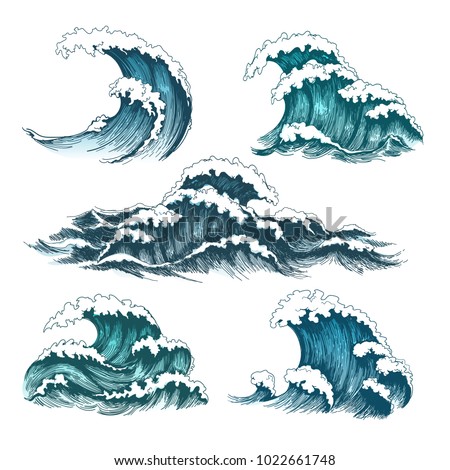 Sea waves. Vintage cartoon ocean tidal storm waves isolated on white background for surfing and seascape, vector illustration