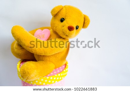 Cute teddy bears fall in love.He is on gift box and waiting lover with isolated on white background.Concept picture for valentine day.