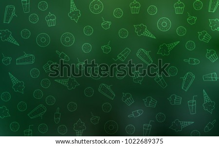 Light Green vector background with tasty sweets. Illustration with set of sweet food in doodle style. Doodle design for your business advert of cafes.