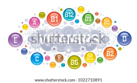 Multi Vitamin complex icons. Multivitamin supplement, Vitamin A, B group  B1, B2, B3, B5, B6, B9, B12, C, D, E, K  logo, isolated white background. Diet Infographic poster. Science vector illustration Royalty-Free Stock Photo #1022710891