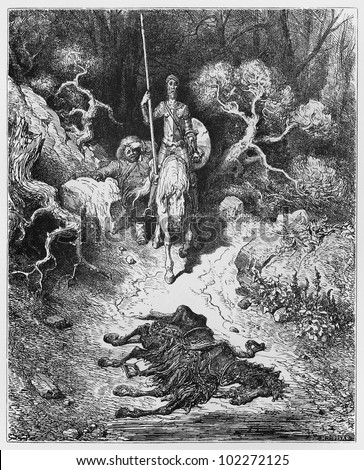 Don Quijote and Sancho discover the dead mule - Picture from The History of Don Quixote book,  published in 1880, London - UK. Drawings by Gustave Dore.