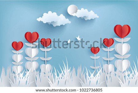 illustration of love and valentine day with the design of paper art. flowers that bloom with a form of love.