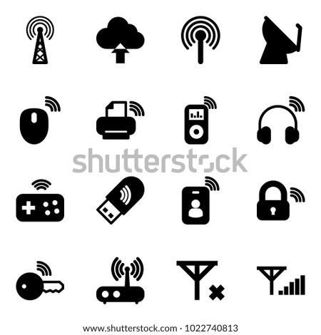 Solid vector icon set - antenna vector, upload cloud, satellite, mouse wireless, printer, music player, headphones, joystick, usb wi fi, identity card, lock, key, router, no signal, fine