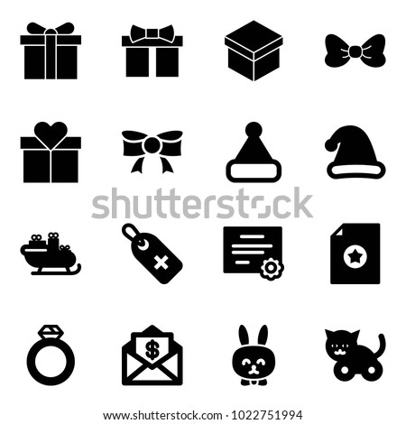 Solid vector icon set - gift vector, bow, christmas hat, santa sleigh, medical label, certificate, diamond ring, mail dollar, toy rabbit, cat