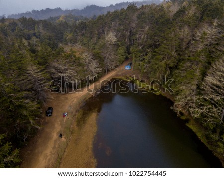 Beautiful aerial bird view of a small river in a forest