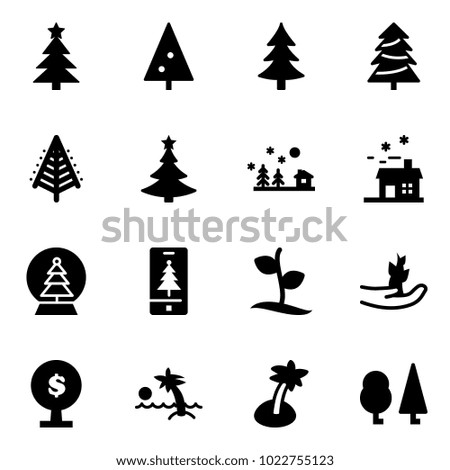 Solid vector icon set - christmas tree vector, landscape, house, snowball, mobile, sproute, hand, money, palm, forest
