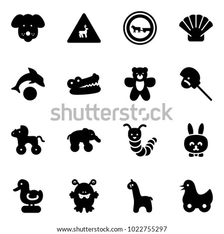Solid vector icon set - dog vector, wild animals road sign, no cart horse, shell, dolphin, crocodile, bear toy, stick, wheel, elephant, caterpillar, rabbit, duck, monster, giraffe
