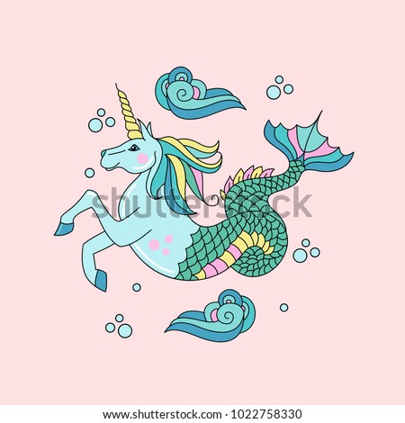 Mythological creature. The sea unicorn. Horse with a horn and a fish tail. Vector illustration.