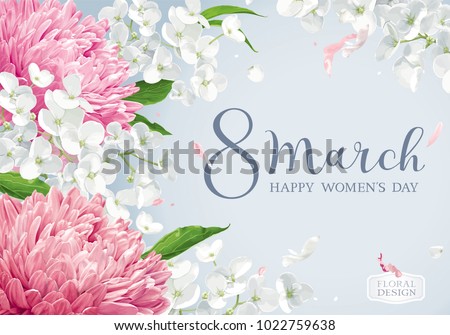 Chrysanthemums and Apple blossom for 8 March. Flower vector greeting card in watercolor style with lettering design Royalty-Free Stock Photo #1022759638