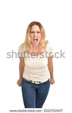 3/4 portrait of blonde girl wearing white shirt,  angry expression. isolated on white background.
