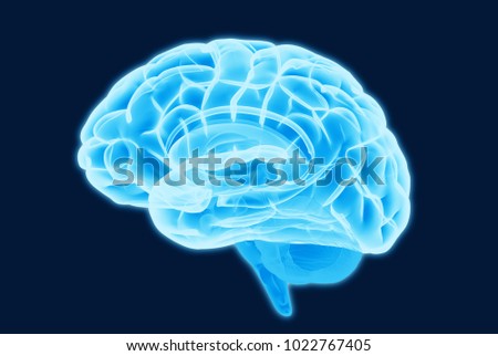 3D blue light glowing brain illustration isolated on dark background with clipping path for die cut to use in any backdrop
