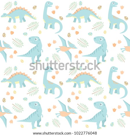 Little Blue Baby Dinosaur Light Colors White Background Prehistoric Seamless Pattern Vector Illustration