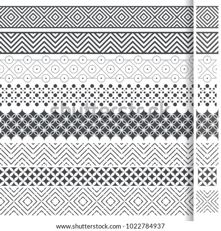 Set of vector geometrical dividers. Borders for the text, invitation cards, various printing editions. Dividing lines in the form of a seamless horizontal or vertical seamless pattern.