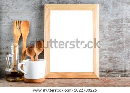empty wooden frame with isolated white background in kitchen interior. Layout for design