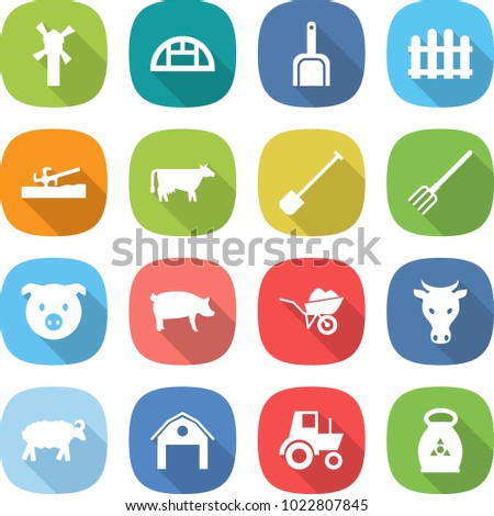 flat vector icon set - windmill vector, greenhouse, scoop, fence, soil cutter, cow, shovel, fork, pig, wheelbarrow, sheep, barn, tractor, fertilizer