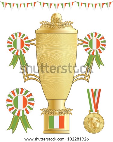 republic of ireland football trophy, medal and rosette, isolated on white