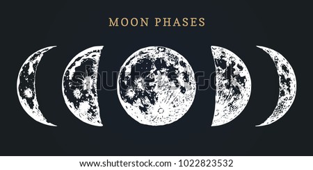 Moon phases image on black background. Hand drawn vector illustration of cycle from new to full moon. Royalty-Free Stock Photo #1022823532