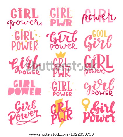 Vector illustration set of girl power lettering. Cute art with graphic slogan, quote, phrases for card, posters, decor.